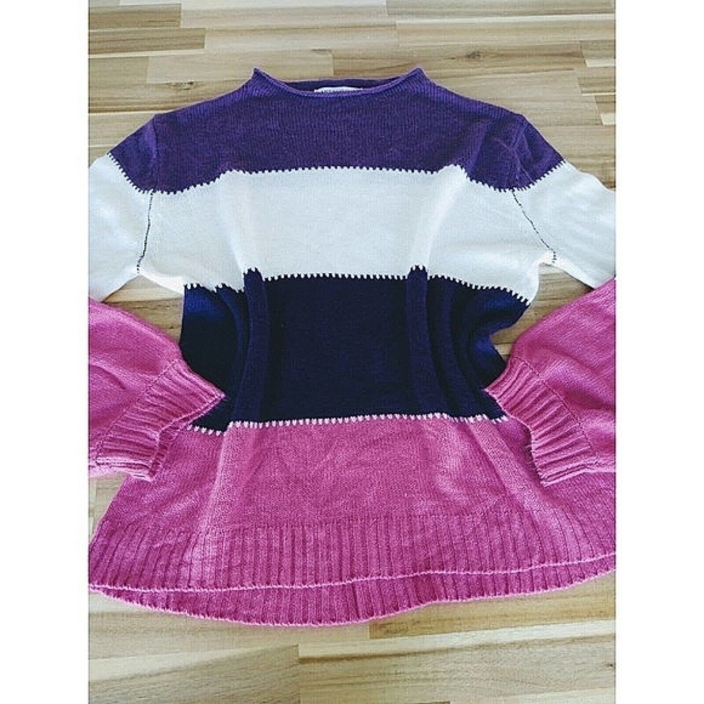 Miss Look Sweater Womens Small White Pink Purple Color Block Long Sleeve Casual